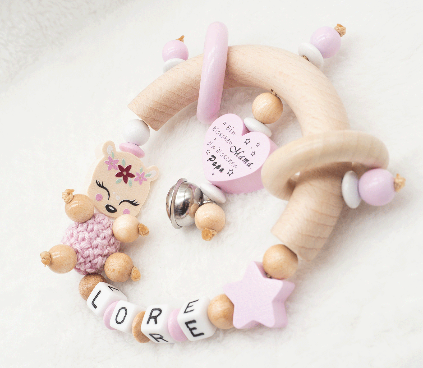 Greifling mit Namen Baby Rassel Holz ♥ REH ♥Baby Mädchen Geschenk rosa Beißring