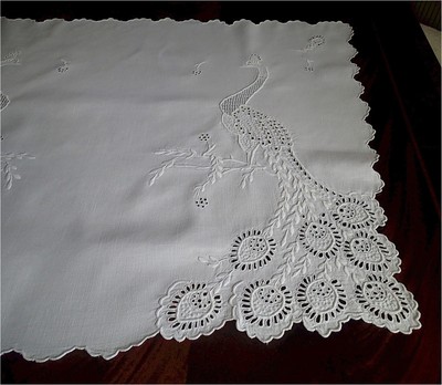 Beautiful Whitework Embroidered Linen Peacock Figural Dresser or  Bureau Scarf