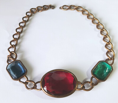 Vintage Brassy Gold-tone Chain Necklace w/ Three Large Faceted Glass Stones