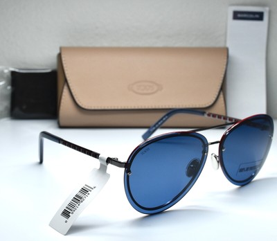 TOD'S NWT $385 TO248 12V DARK RUTHENIUM/RED BLUE AVIATOR SUNGLASSES. 63mm