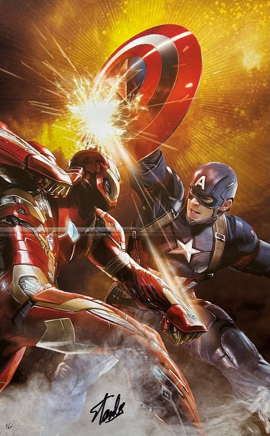 STAN LEE rare METAL SPARK Iron Man & Cap CANVAS giclee