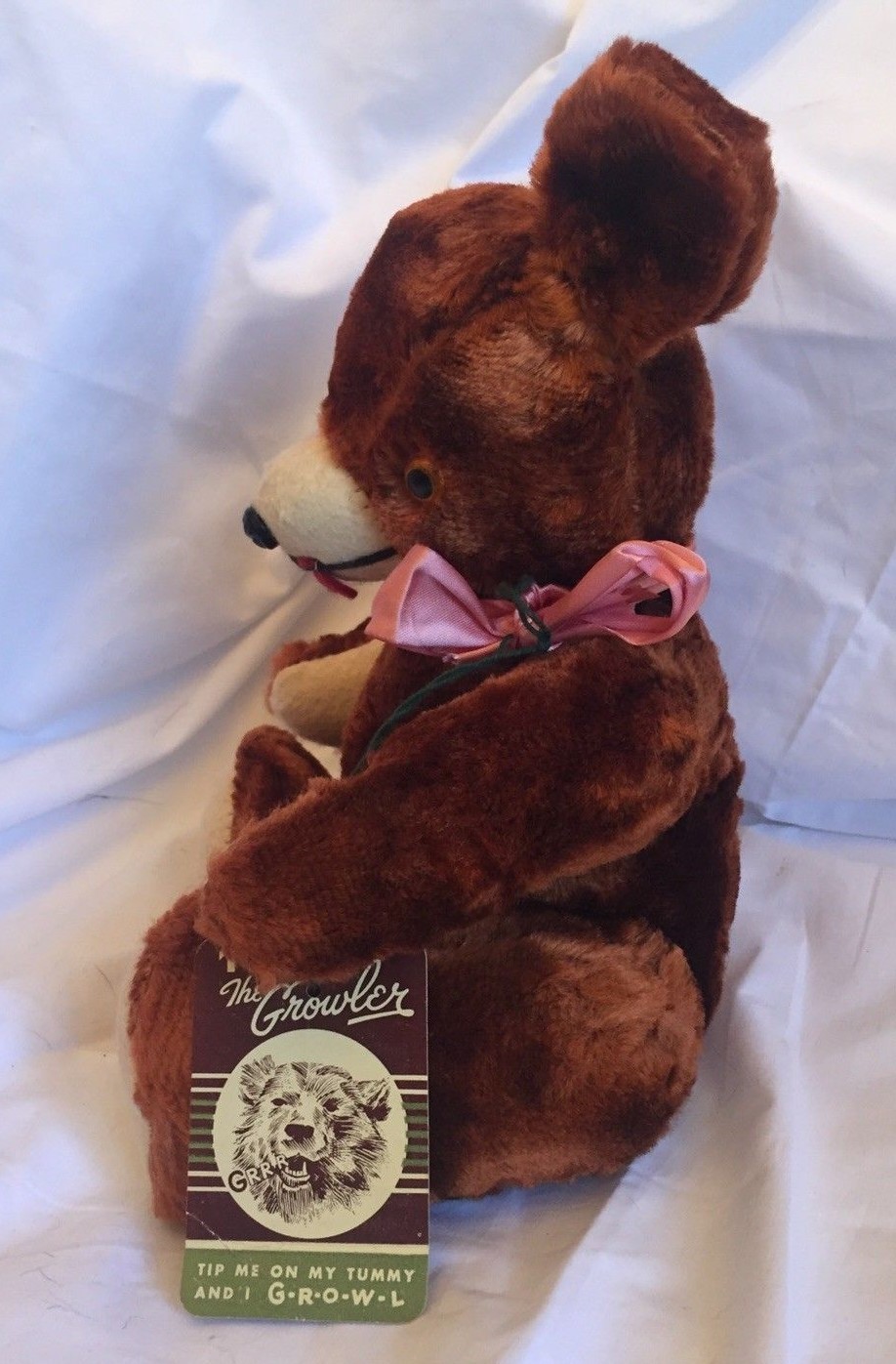 Vintage BrownTeddy The Growler Bear Stern Toy Co Brown Pink Ribbon