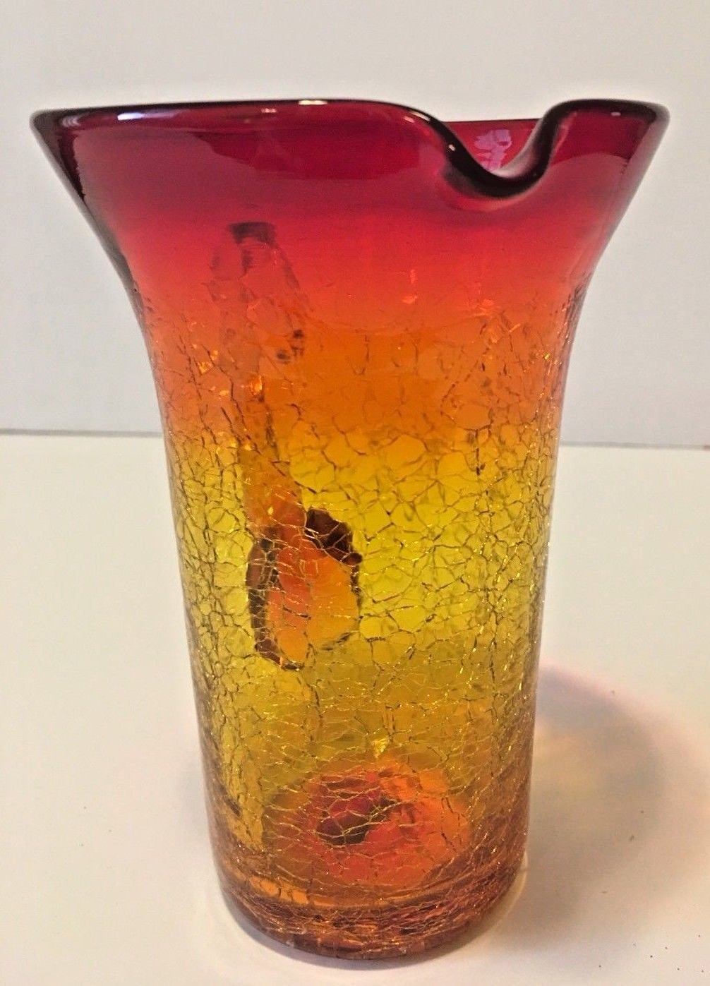 Vintage Hand Blown Amberina Crackle Glass Pitcher  5.75