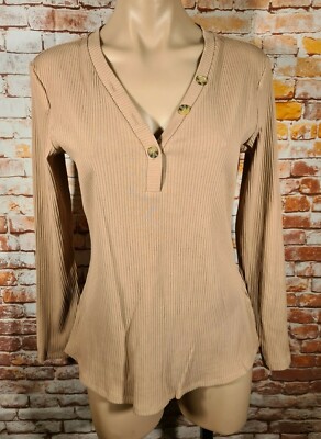 BNWT Womens Sz 12 Anko Camel Long Sleeve Rib Button Sleeve Top 