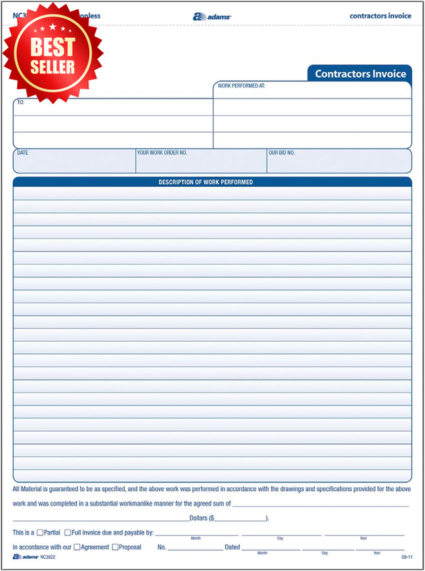 100pk Contractor Invoice Forms 3-Part Carbonless 8.5x11.44