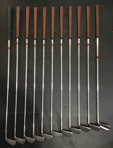 Vintage Auld Classic Hunter Irons 11 Clubs, 1-SW Steel Stiff, Leather Grips #HW8