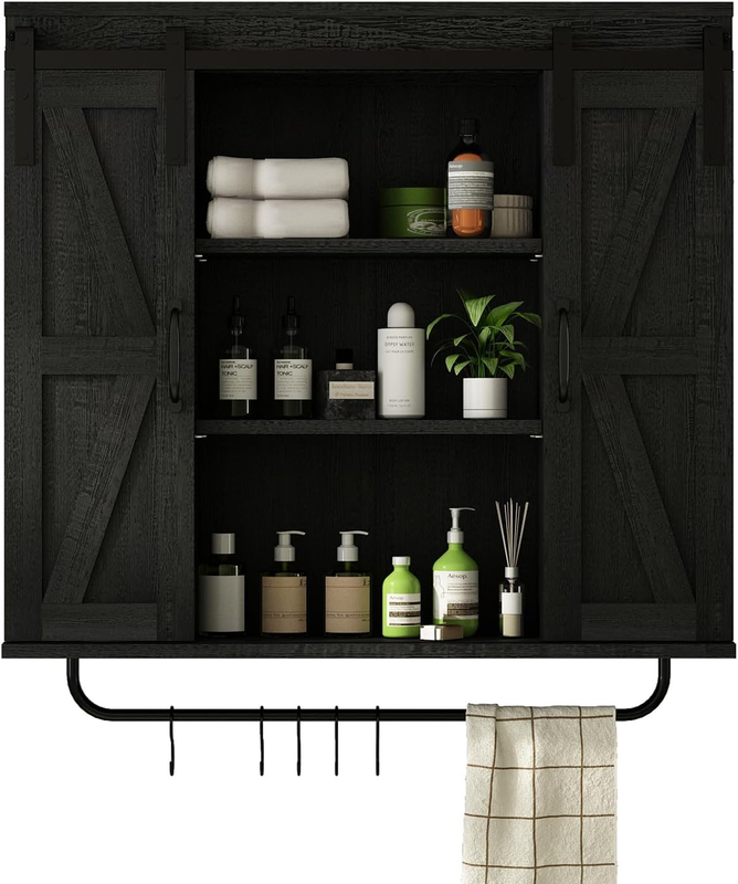 Rustic Wood Wall Storage Cabinet with Two Sliding Barn Door, 3-Tier Decorative Farmhouse Vintage Cabinet for Kitchen Dining, Bathroom, Living Room,Black