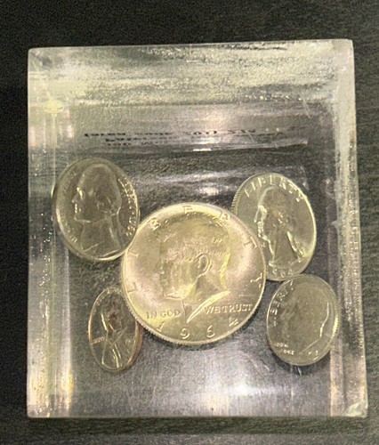pristine 1964 silver mint set in lucite cube Dave Stern Inc