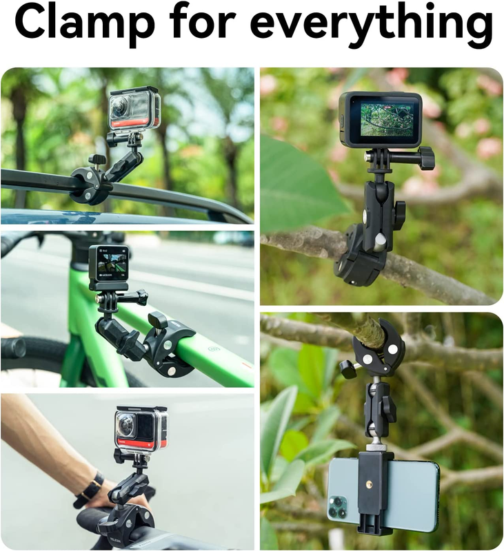 Camera Clamp Mount Handlebar, Dual 360 Ball Head Gripper Go pro Bike Mounts Moto