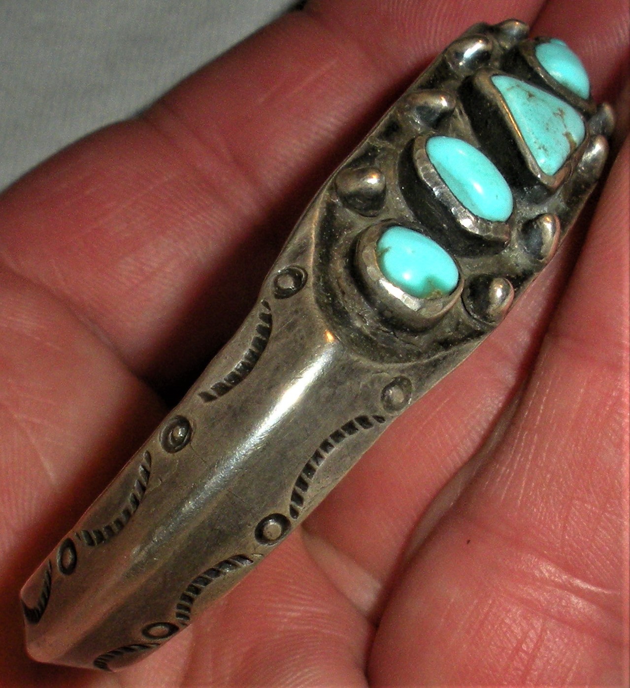 c. 1920 NAVAJO COIN SILVER INGOT CARINATED BRACELET TURQUOISE TERMINAL BALL vafo