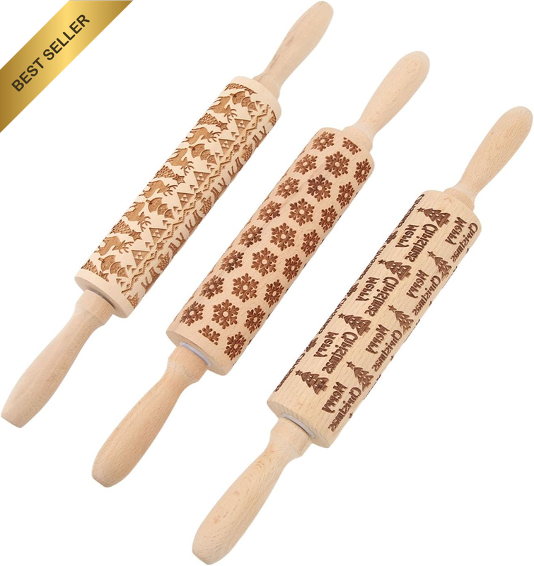Embossing Rolling Pin, 3Pcs Deep Engraved Wooden Embossed Rolling Pin with Cute