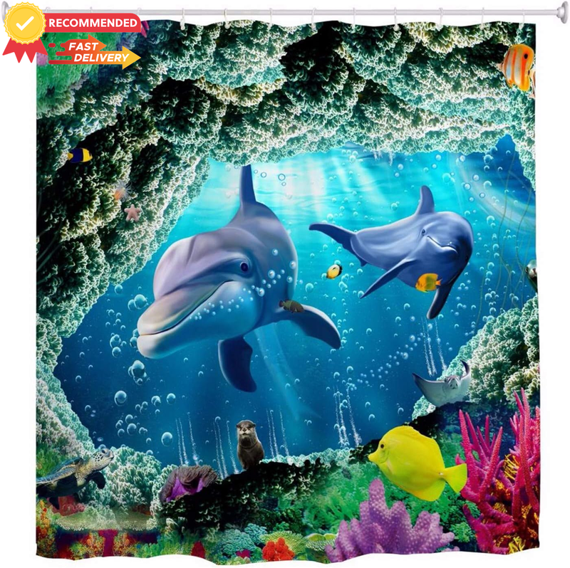 3D Dolphin Fish Coral Reef Shower Curtain Set Waterproof Thicken Fabric Hooks