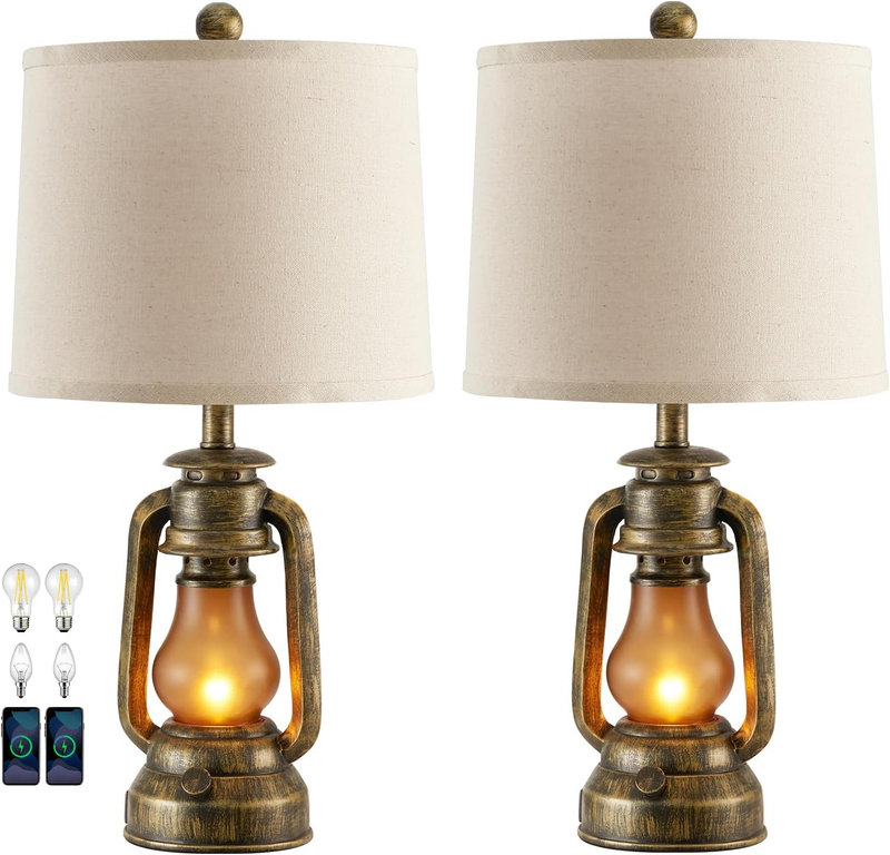 Set of 2 Farmhouse Lantern Table Lamps for Living Room with 2 USB Charging Ports, Rustic Vintage Nightstand Lamps with Nightlight for Bedroom End Table Entryway, 4 Bulb Included