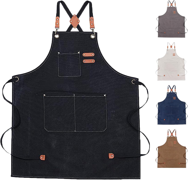 Chef Apron for women men,Adjustable Canvas Apron with Large Pockets,Crossback,Wa