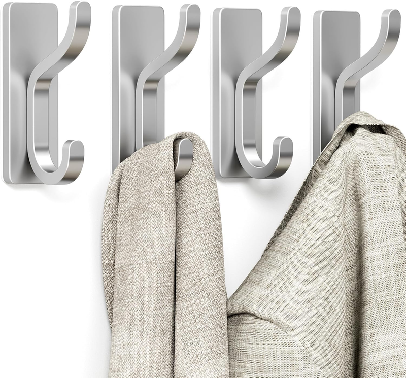 4 Pack Adhesive Wall Hooks, Silver Metal Stick on Hooks for Bathroom, Kitchen, B