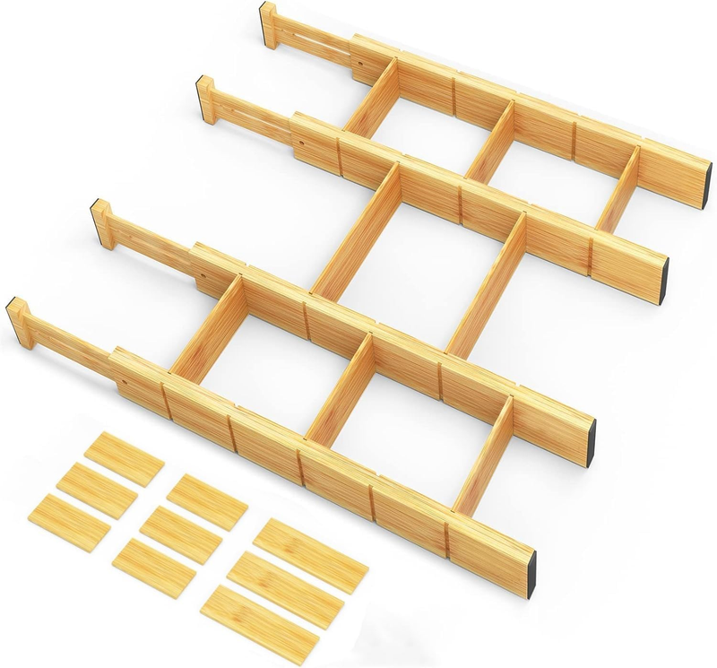 4-Pack Bamboo Drawer Dividers with 9 Thicker Inserts & Silicone Non-Slip Pads, A