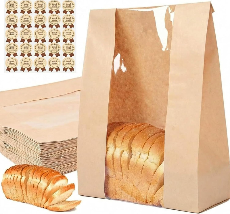 14"X8.4"X3.6" Extra Large Paper Bread Bags for Homemade Bread with Window & Stic