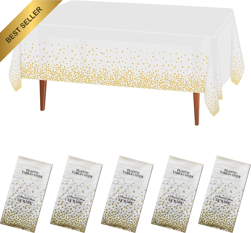 5 Pack Disposable Plastic Tablecloths,White and Gold Polka Dot Style Party Table