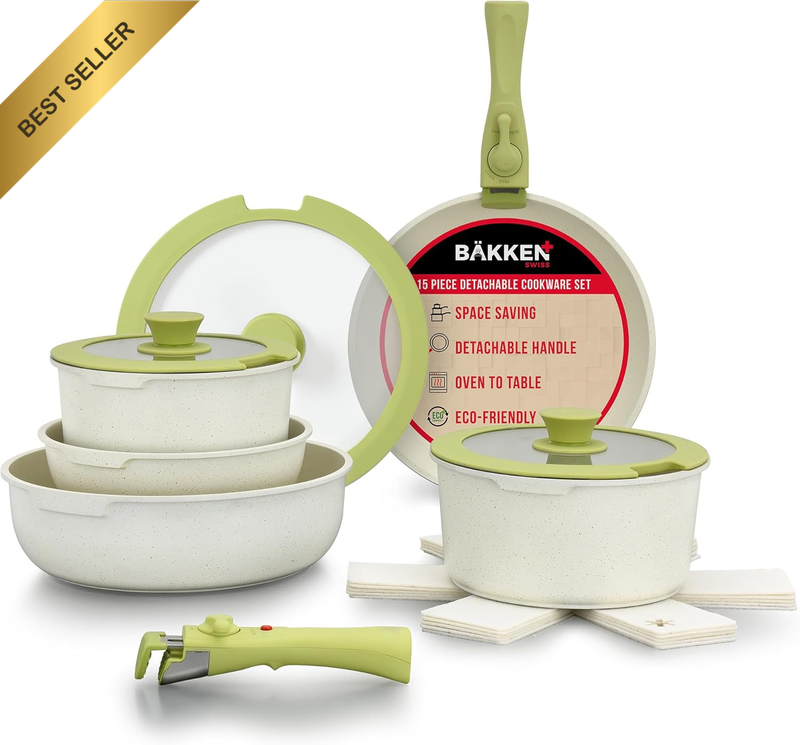 Bakken-Swiss 15-Pc Detachable Cookware Set Granite Non-Stick Green/Cream