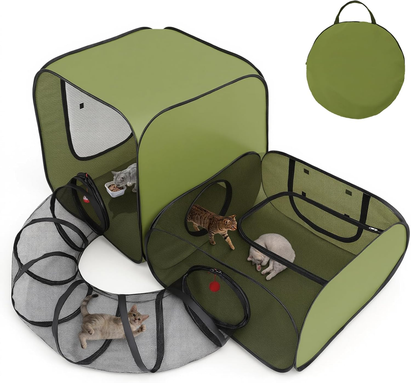 Cat Playpen, 3-In-1 Pop-Up Outdoor Cat Enclosure, Green