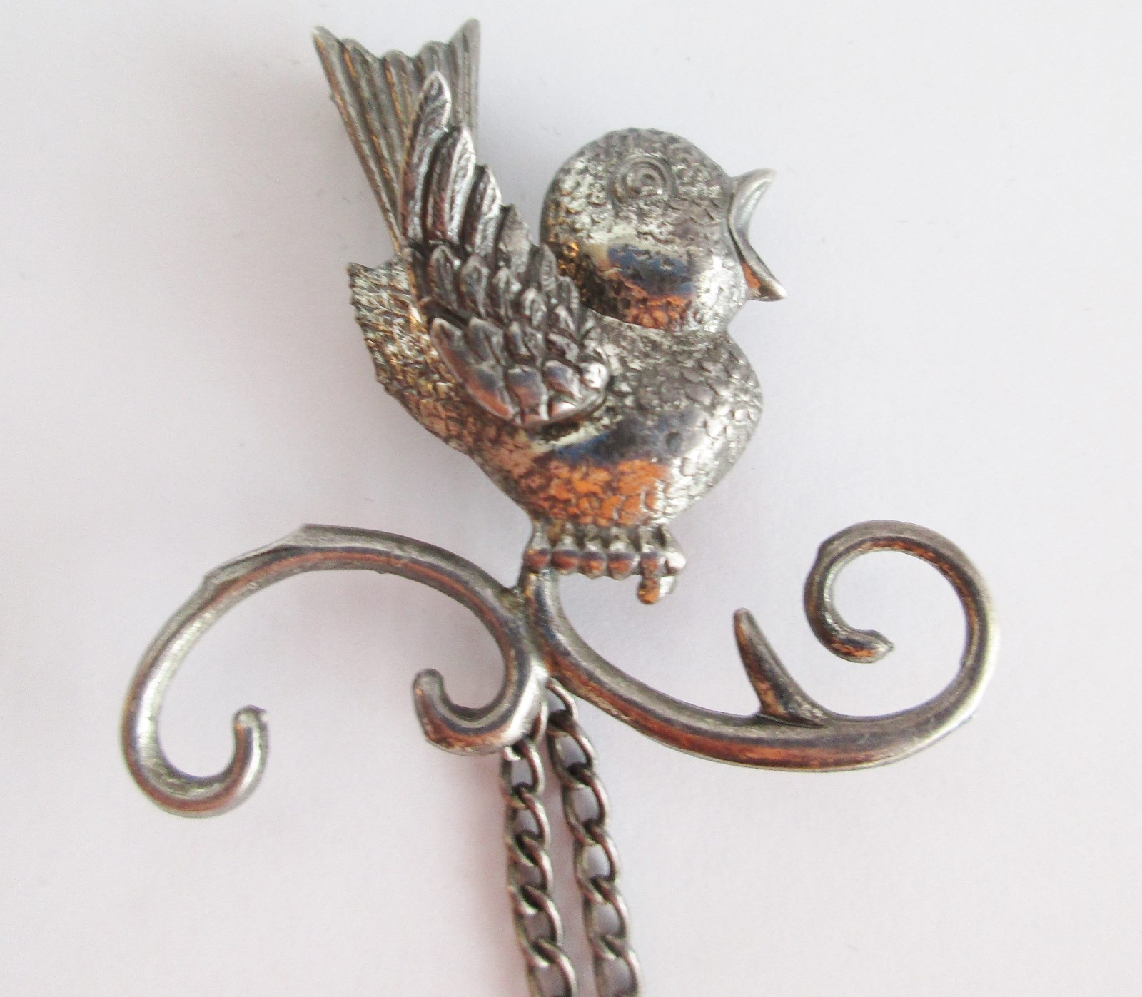 Vtg Sterling silver Lang complete chatelane song bird brooch with cage and chain