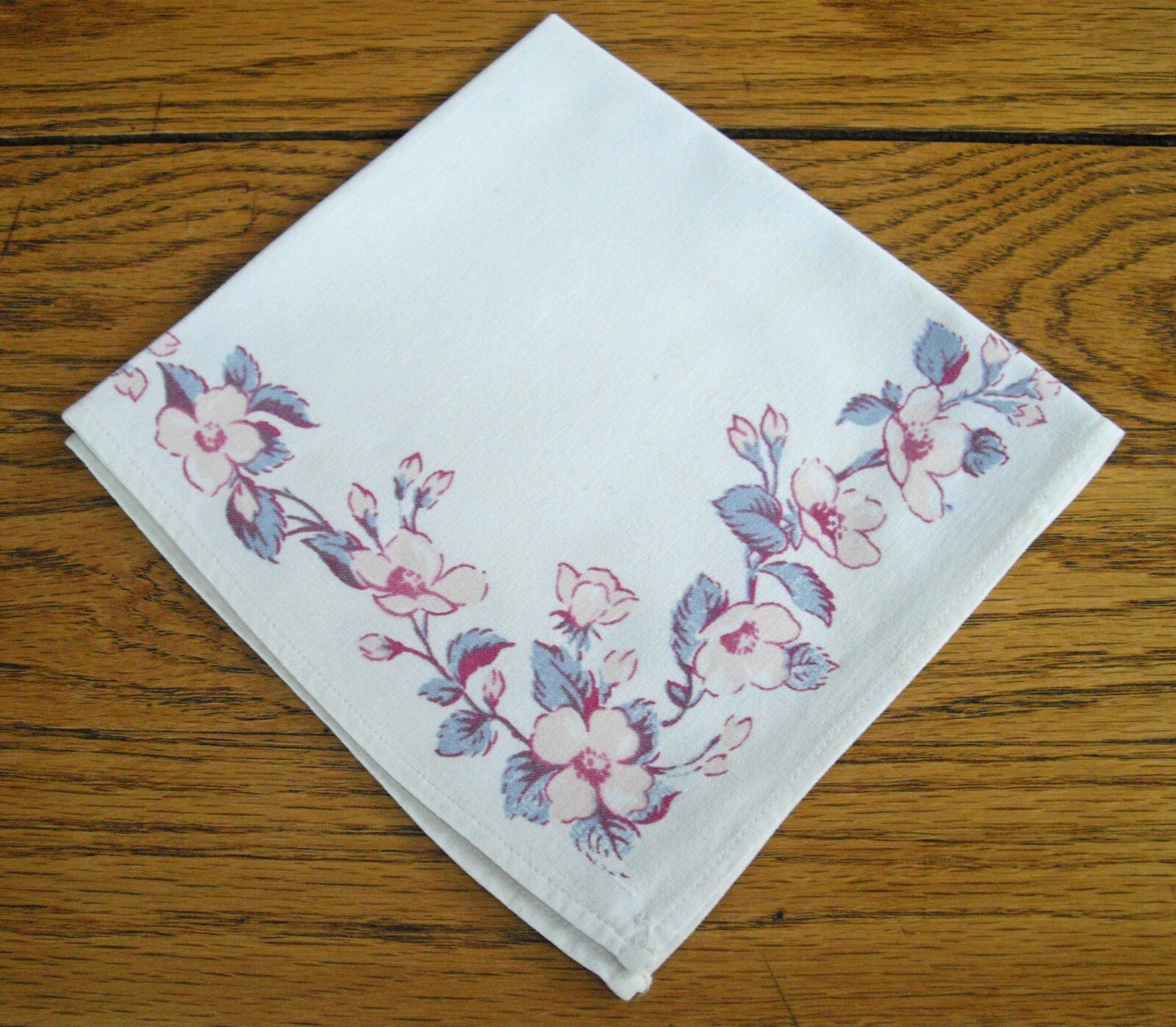 Vintage Table Scarf Pink Cherry Blossoms with Blue Leaves Tea ~ 14