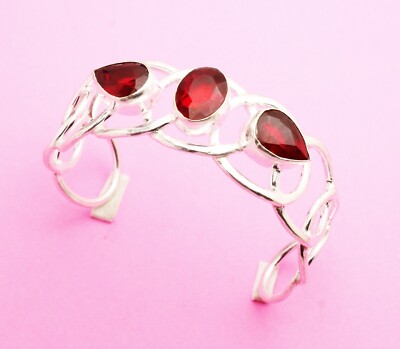 Red Garnet Gemstone 925 Sterling Silver Jewelry Cuff Bracelet Size 7-8''
