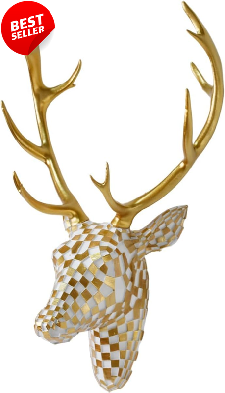 Mosaic Deer Head Wall Decor White Gold Resin Sculpture 15.7x8.7in Gift - US