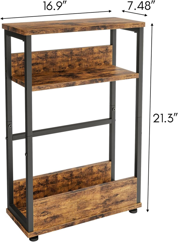 Narrow Side Table, Modern Sofa Table with Magazine Rack, 3 Tier Skinny Bedside T