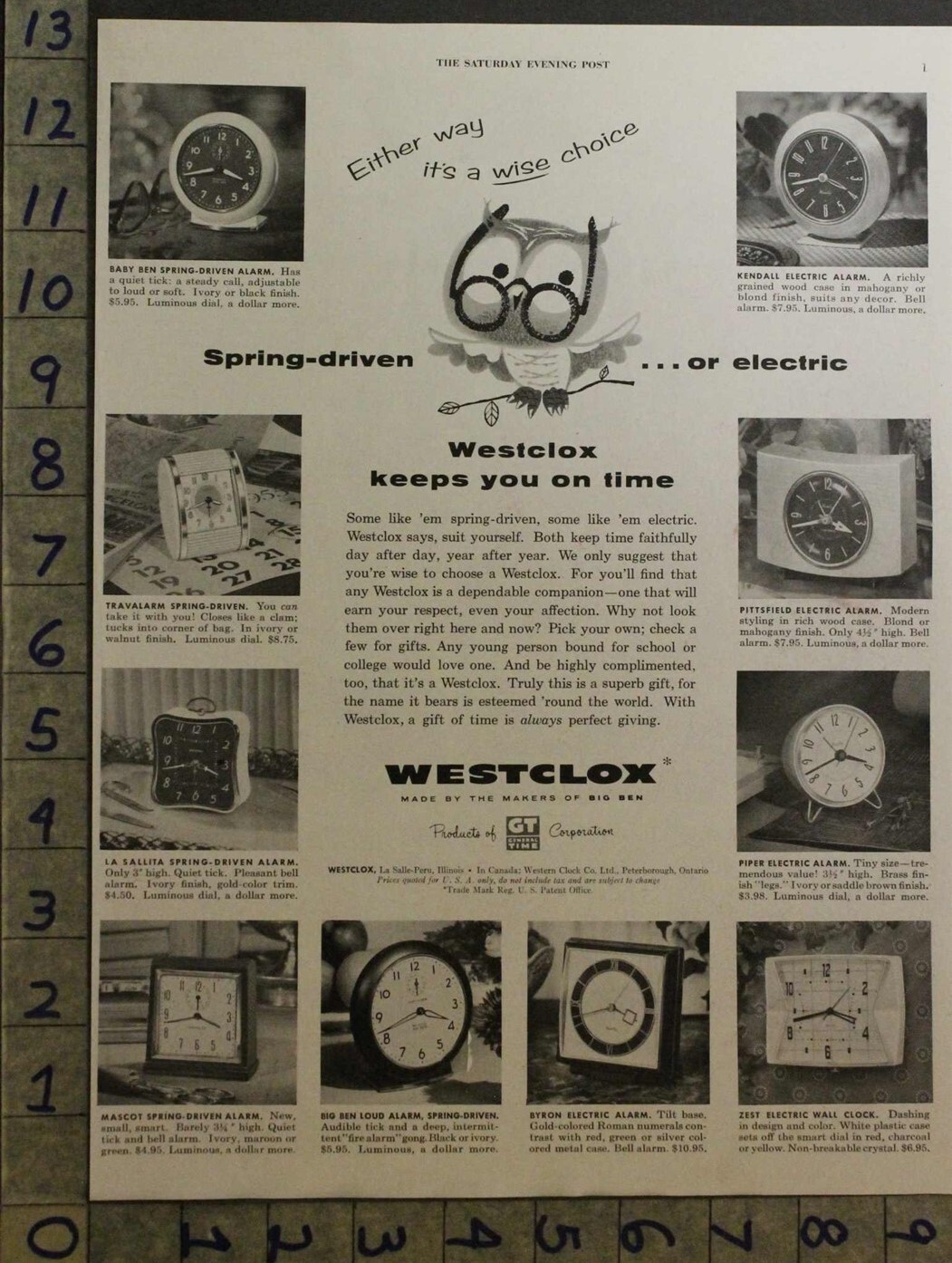 1955 WESTCLOX ALARM CLOCK TIME BIG BEN BABY ELECTRIC WIND