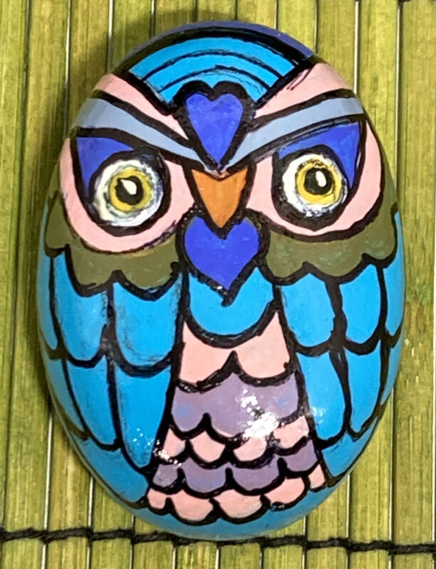 Hand Painted Blue Pink Purple Horned Owl River Rock One Of A Kind
