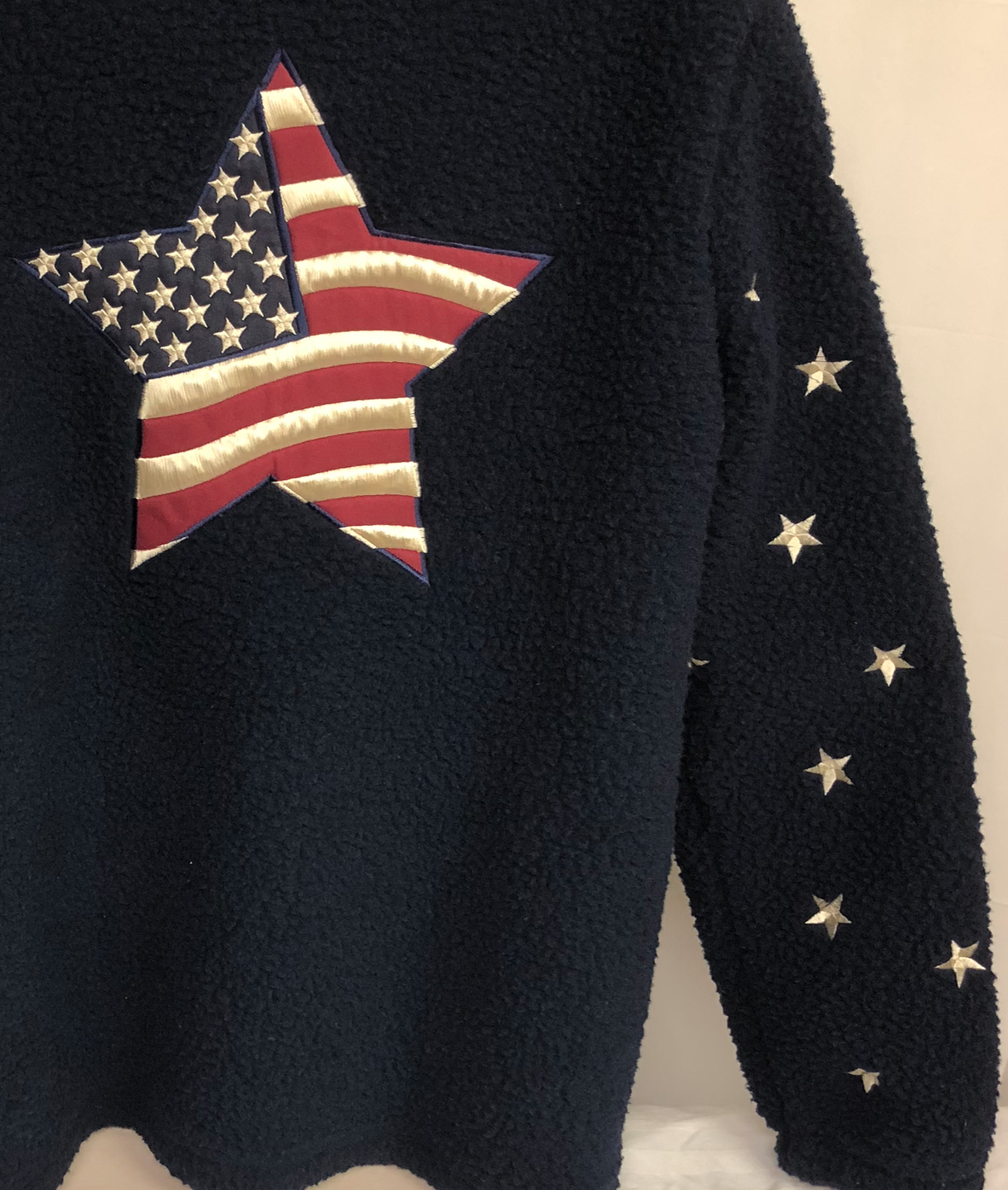 Patriotic USA Stars Stripes Flag Embroidered Fleece Jacket Coat Navy Blue Large