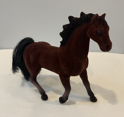 Vintage Brown Flocked Horse Figurine 7'' Long Hand Crafted In Hong Kong w/Sticker