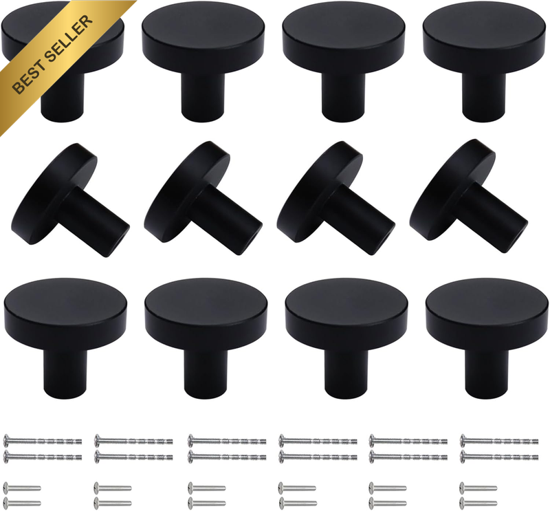 12 Pack Black Cabinet Knobs, Solid Dresser Knobs S Kitchen Drawer Knob, Matte Bl