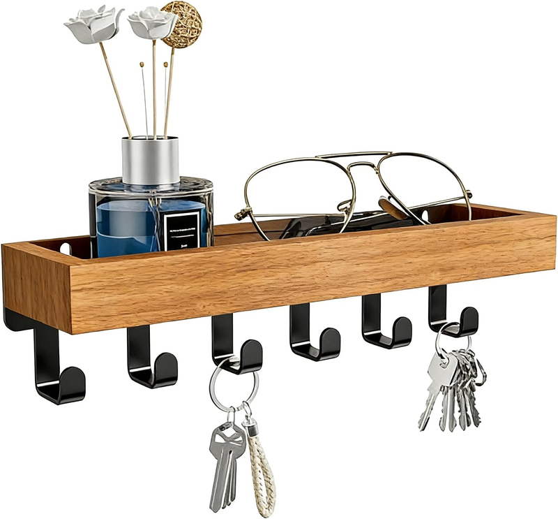 Wall Mount Key Holder with Wooden Tray and 6 Key Hooks, Light Brown | Entryway K