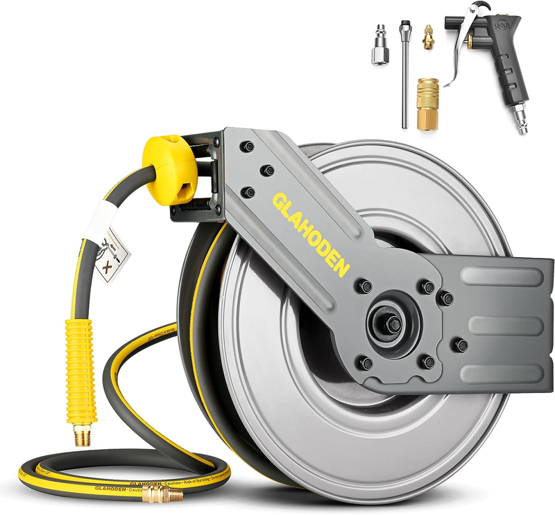Retractable Air Hose Reel, 3/8 in × 25 Ft Hybrid Hose Heavy Duty Steel Air Compr