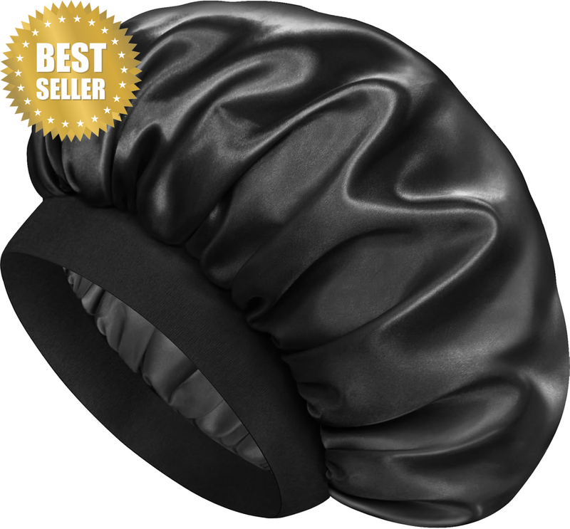 Satin Silk Double Layer Sleep Bonnet, Black, for Natural and Curly Hair Protecti
