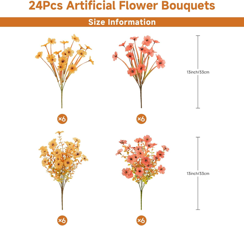 24 Bundles Artificial Fall Mums Flowers for Outdoors Decoration, UV Resistant Si