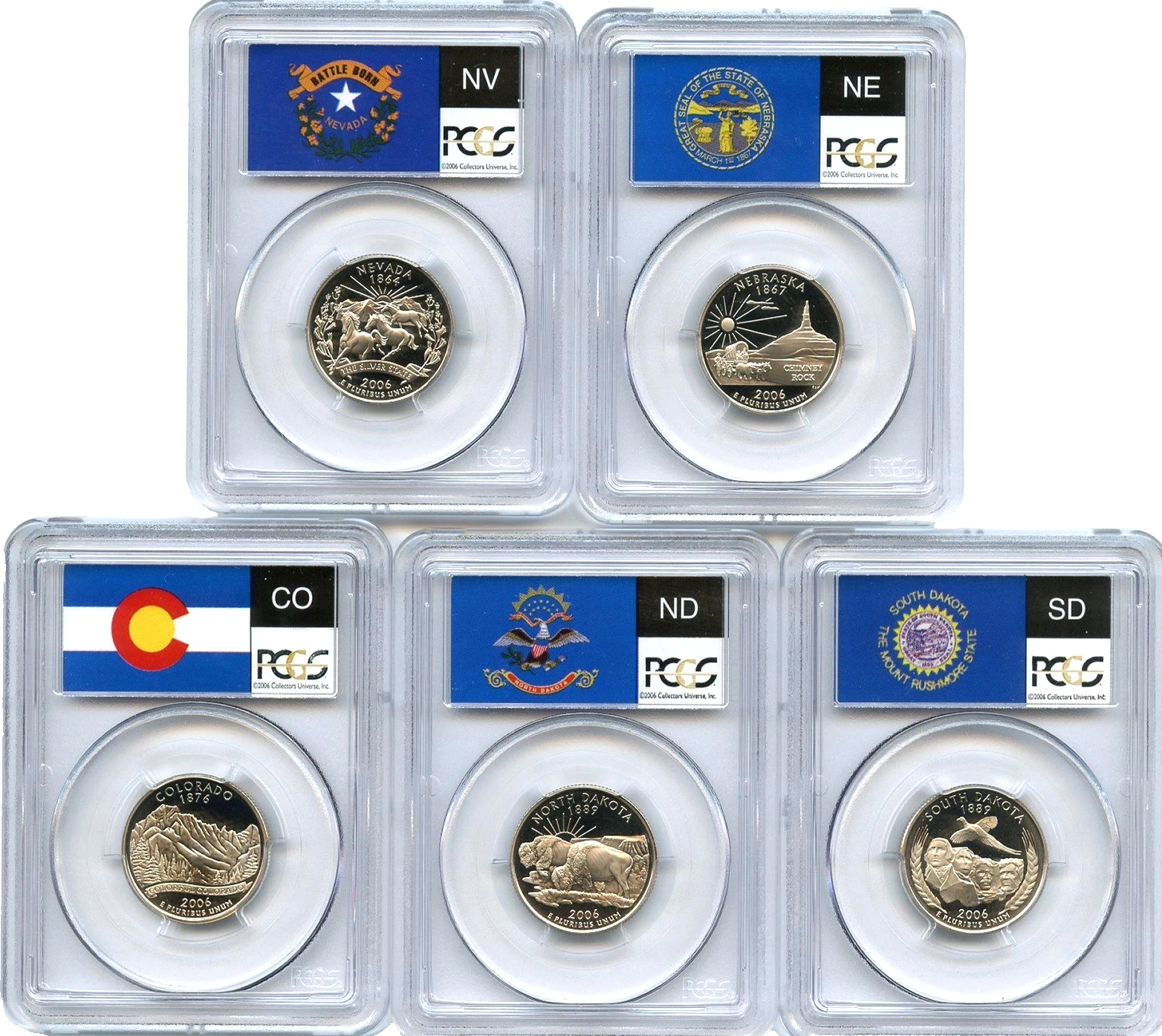 🔥 2006 S 5 Coin State Quarter Set PCGS PR69DCAM NV NE CO ND SD Flag Labels