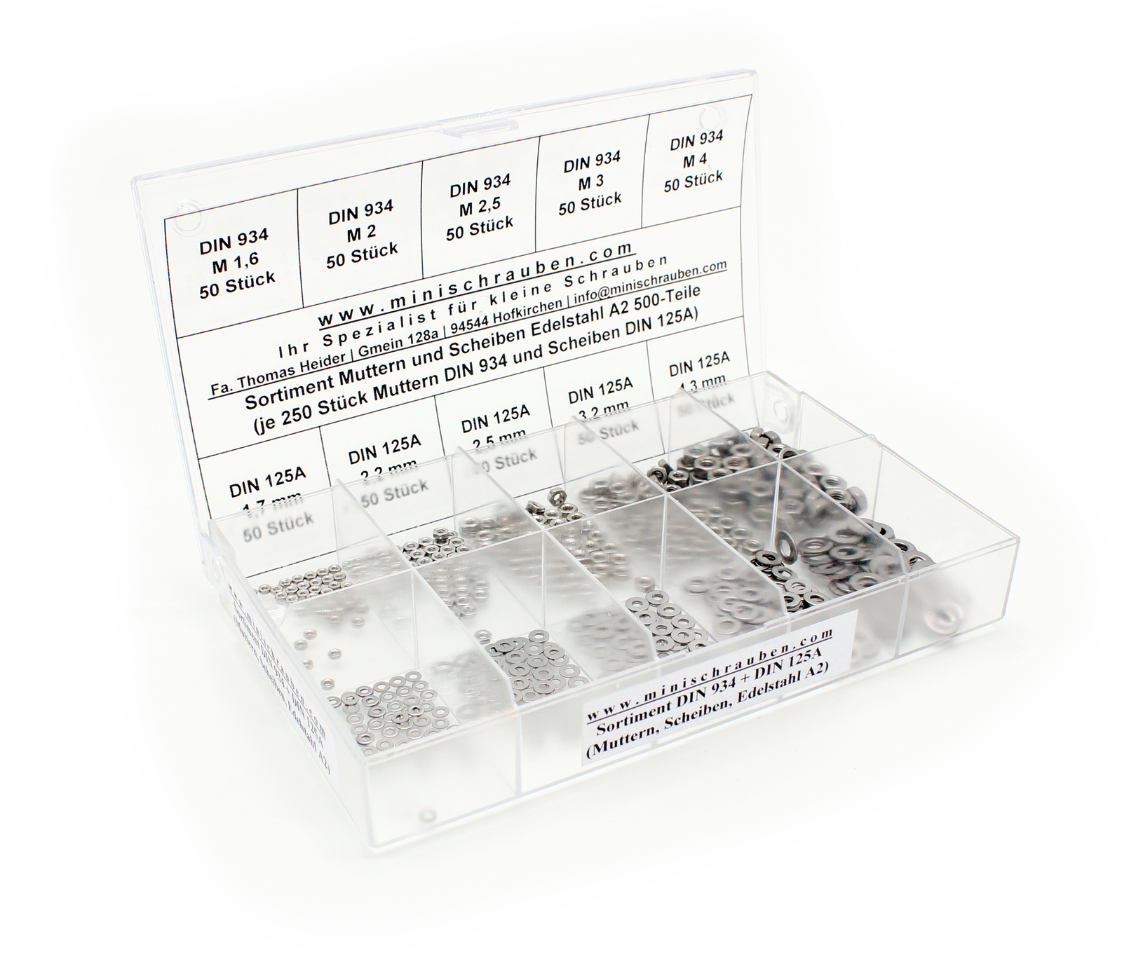 Edelstahl-Sortiment mit Scheiben und Muttern ab M 1,6 (500 Teile)
