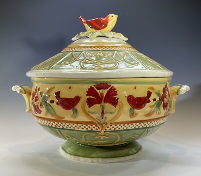 Fitz and Floyd Covered BELLACARA Soup Tureen  In RED/GREEN/YELLOW  W/BIRD