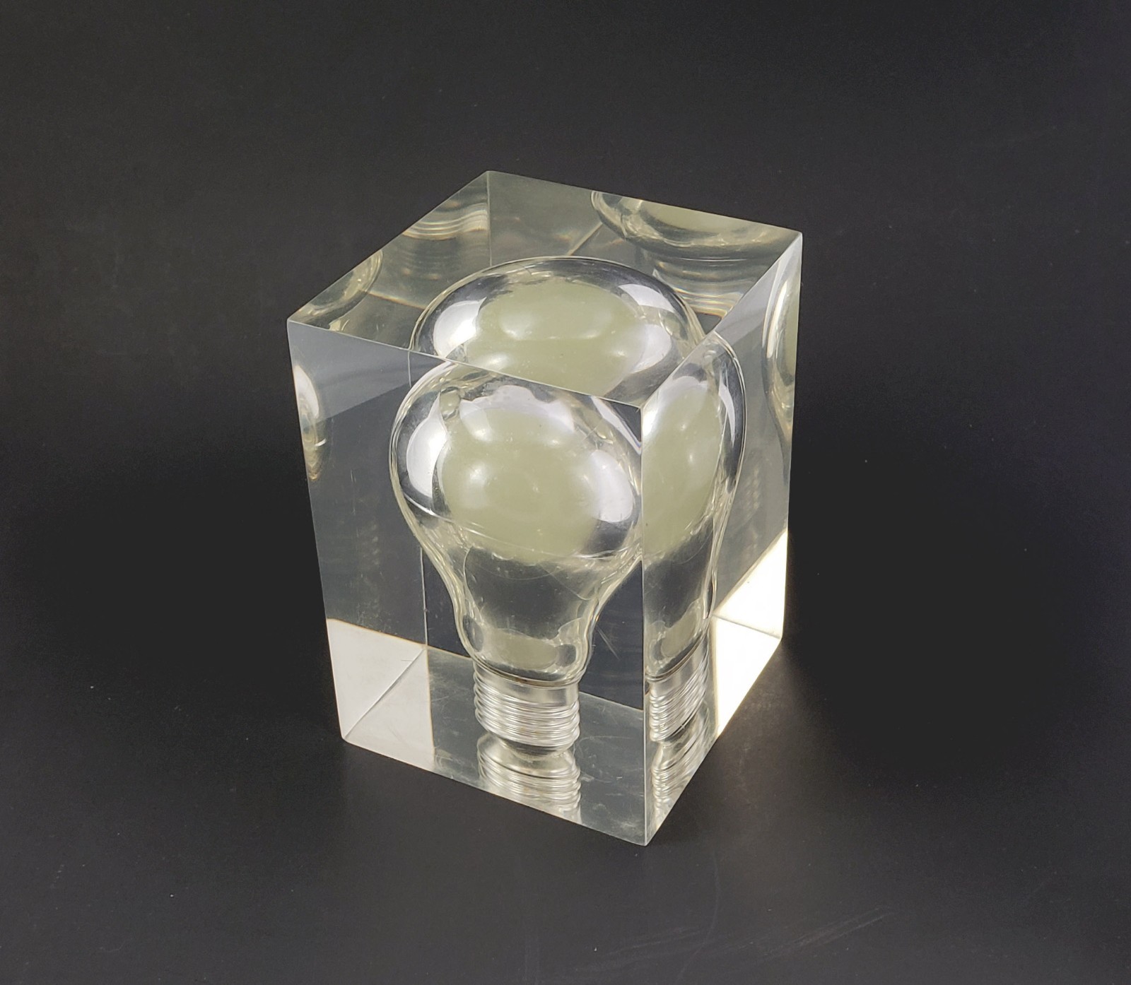 Pierre Giraudon Lucite Light Bulb Cube Clear Resin French Pop Art Paperweight