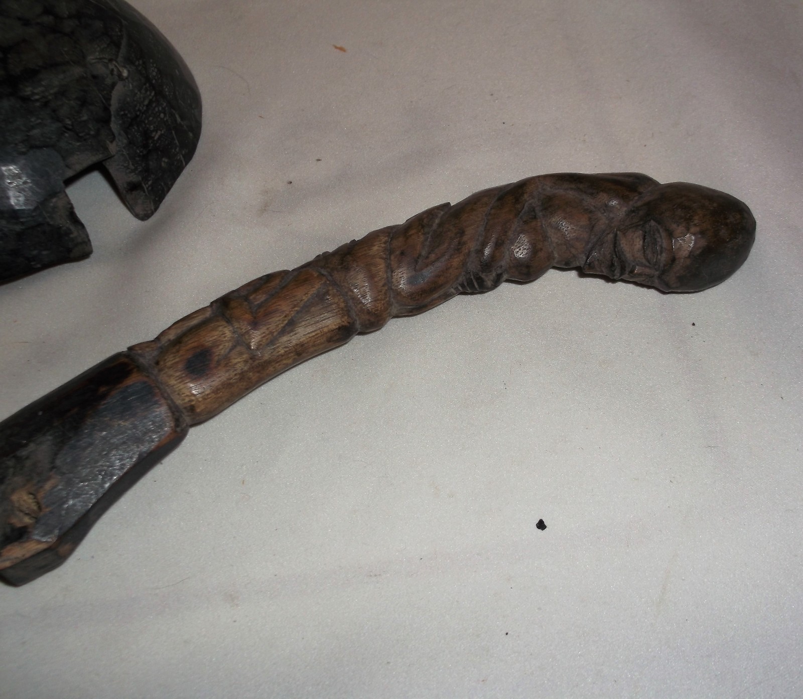 ANTIQUE FOLK ART EFFIGY CARVED WOOD PRIMITIVE SPOON AND STAND