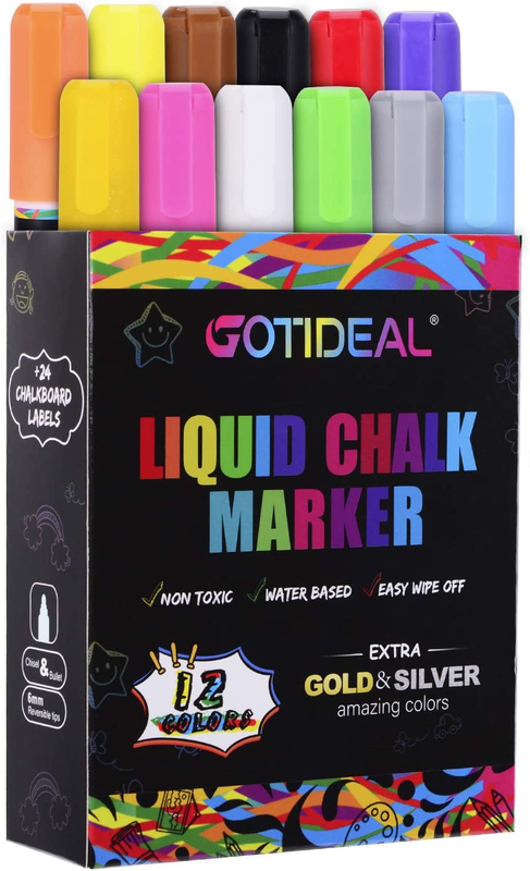 Liquid Chalk Markers, 12 Colors Premium Window Chalkboard Neon Pens, Including 2