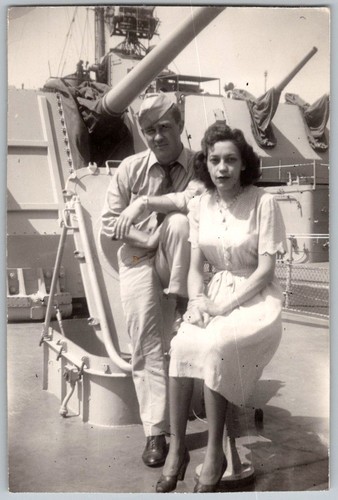 Vtg B&W Snapshot Sailor & Woman On Navy Ship Deck WWII Era 1940s