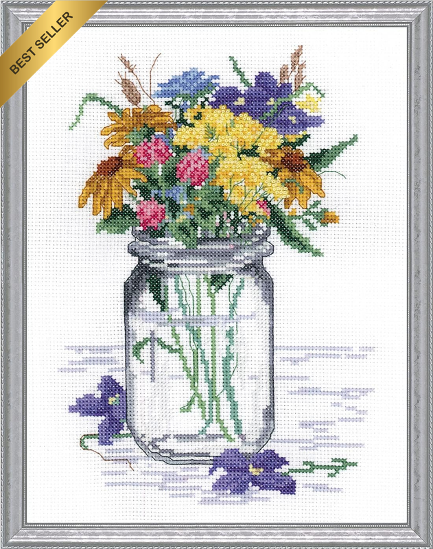 Janlynn Wildflower Jar Counted Cross Stitch Kit, White, Yellow, Blue (017-0112)