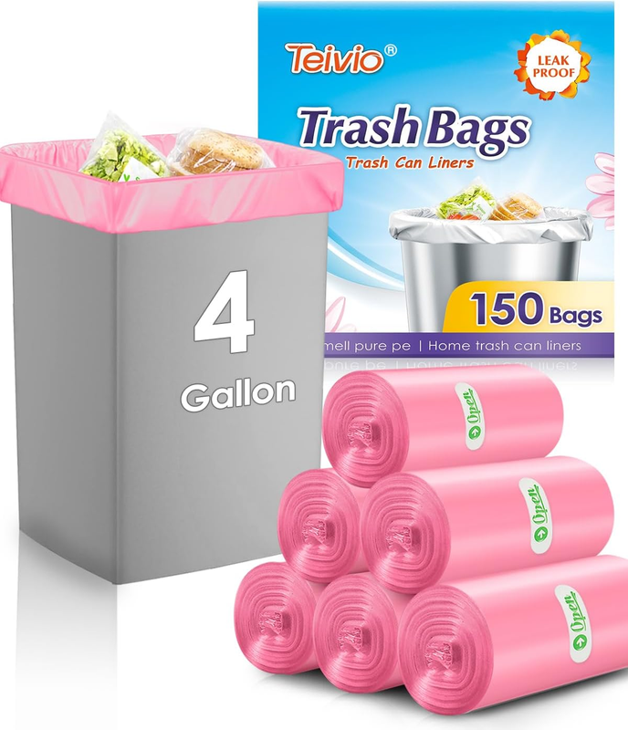 Teivio Small Pink Trash Bags 4 Gallon 150 Count Kitchen Garbage Bags