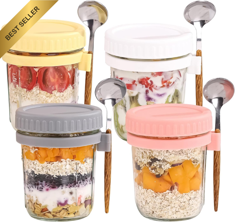 Glass Jars,4 Pack Overnight Oats Container with Lid and Spoon,Overnight Oats Jar