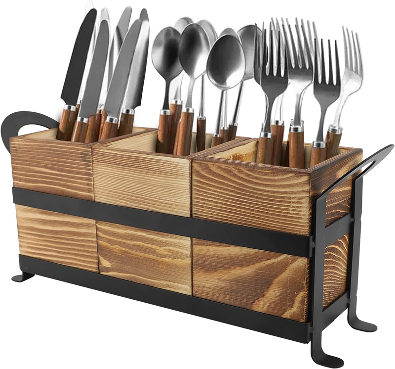 Rustic/Vintage Utensil, 3-Compartment Silver and Wood Utensil Organizer, Ideal f