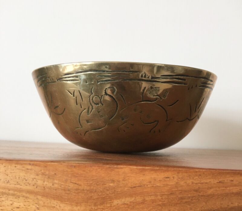 🇨🇳 Antique Old Unusual Chinese Hand Engraved Etched Small Brass Bowl Temple 🥣